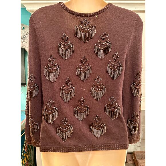 VINTAGE INTRICATELY BEADED TASSEL CASHMERE CARDIGAN SWEATER S - Picture 2 of 8